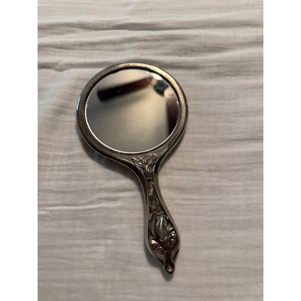 Vintage Art Nouveau Silver Tone Floral Hand Mirror Ornate Hibiscus Scroll Vanity
